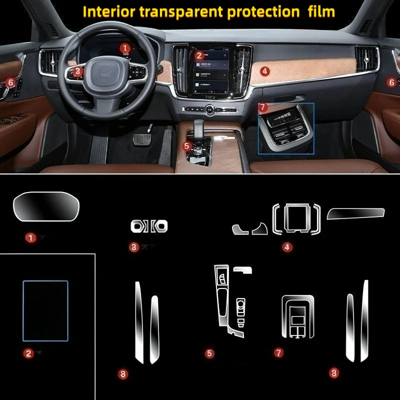 For 24-25 Model Volvo S90 Interior Film Dashboard Navigation Instrument Panel Full Set of Transparent Interior Protection Film