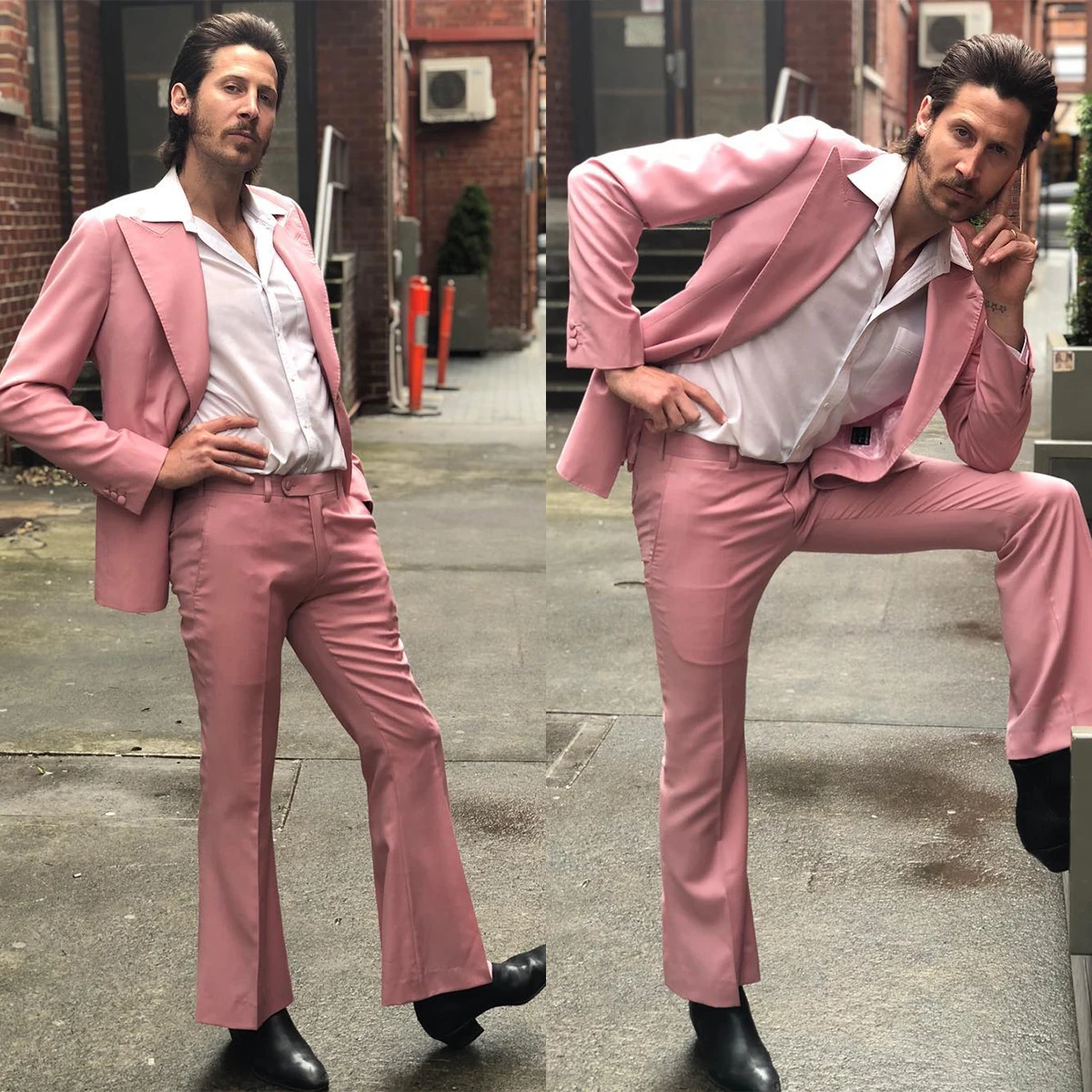 

Pink Comfort Mens Suit Two-Pieces Coat And Bell-Bottoms Business Formal Singer Groom Tuxedo Broadcloth Wedding Party Customized