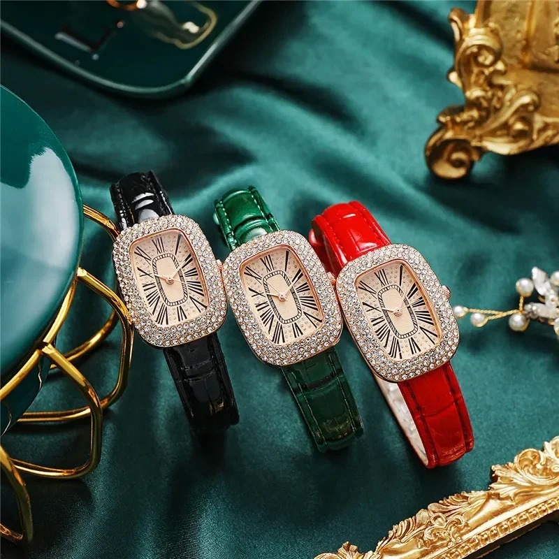 Vintage Square Watches Set for Women Sparkly Zircons Crystals Wrist Watch Leather Strap Watches Retro Relogio Feminino (No Box)