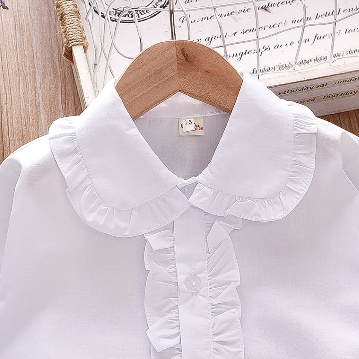 Spring Baby Girl\'s White Shirt Solid Pocket Decorative Polo Long Sleeve Top Bottom Shirt