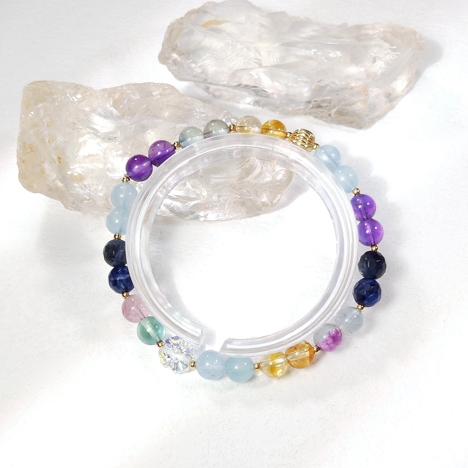 Lii Ji Natural Stone Amethyst Citrine Aquamarine Fluorite Sodalite 6/8mm With Crystal American 14K Gold Filled Elastic Bracelet