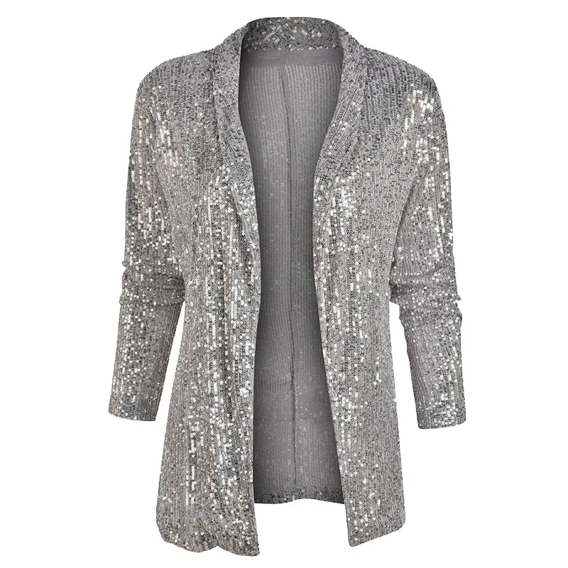 2024 donne paillettes manica lunga temperamento di media lunghezza piccolo vestito colletto Polo cappotto solido autunno blazer Glitter Party risvolto lucido