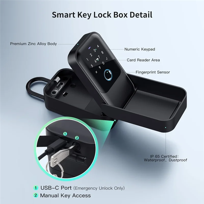 

ABRU-Smart Key Lock Box, Bluetooth Lock Box With Fingerprint & Passcode & Access Card & Manual Key & APP Control, Fingerprint
