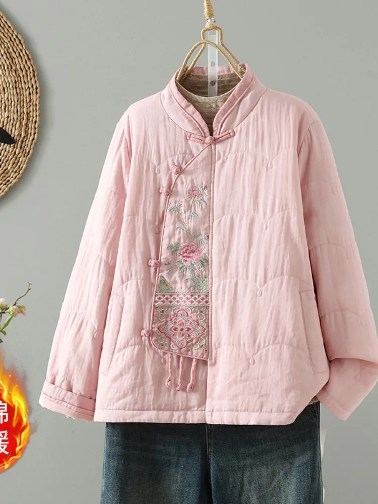 

New Chinese Style Women's Cotton Jacket Pink Stand Collar Slanted Flap Buttoned Linen Cotton Embroidered Winter Coat