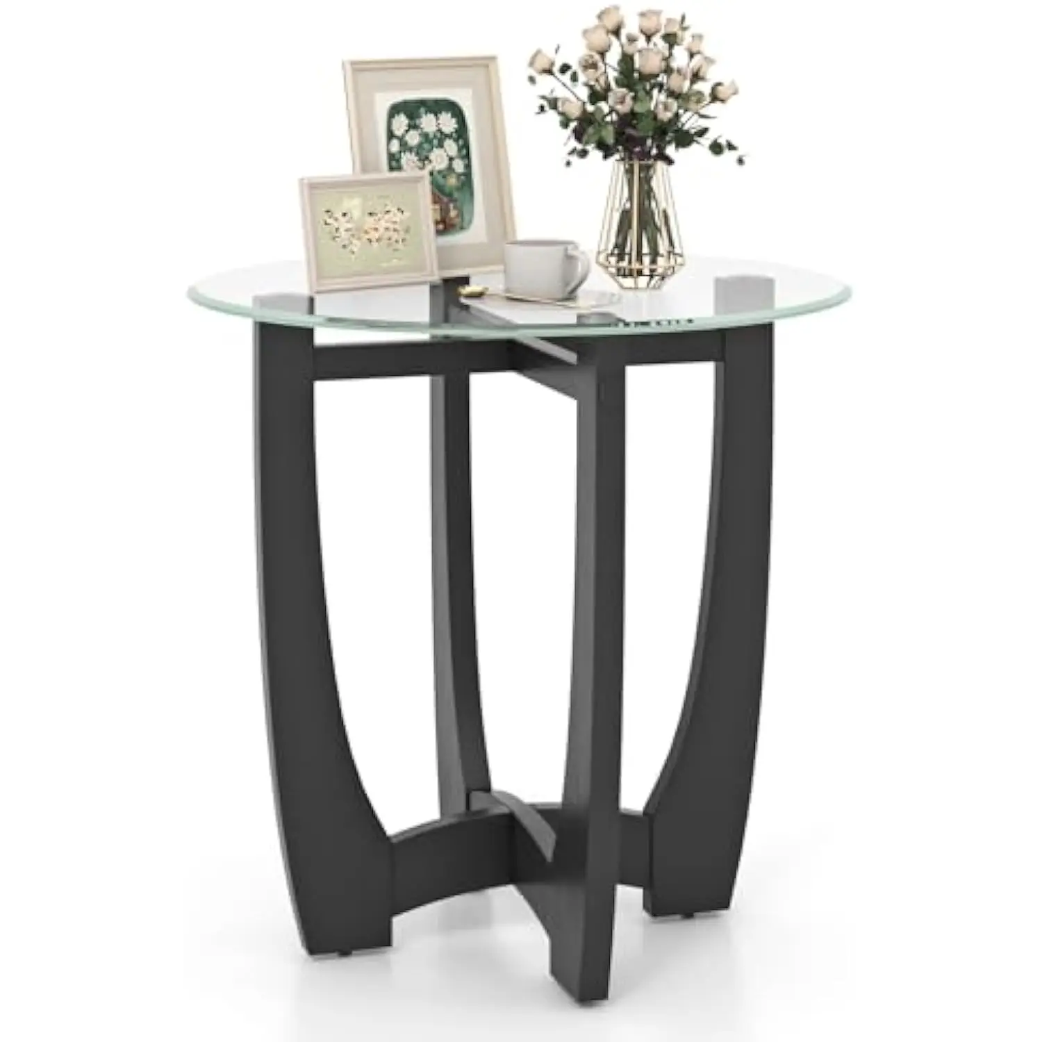 

Glass End Table, Round Side Table with Rubber Wood Frame & Tempered Glass Top, 23.5 Small Black Coffee Table, Modern Glass Nig