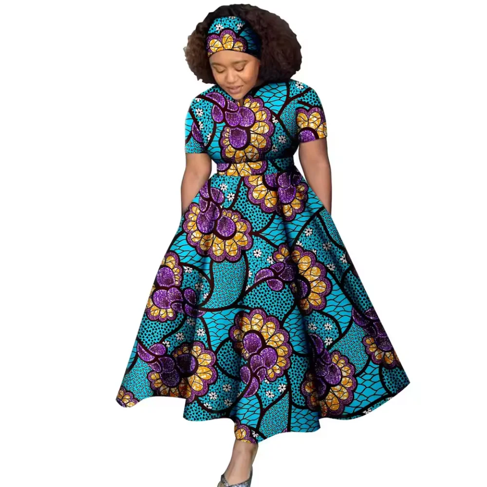 

African Women Plus Size Cotton Elegant Short Sleeves A-line Dress Wax Ankara Print with Headtie Party Evening