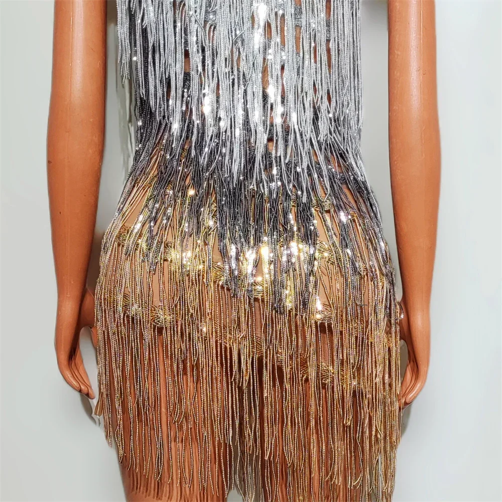 Tassel Single Shoulder Dress Sexy Sequins Transparent Sleeveless Party Birthday Celebrate Fringe Dress Stage Performance Costume