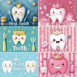 Baby Cartoon Pink Blue My First Tooth Baby Shower Birthday Party Decor It's A Girl/Boy Customized Poster Portrait Photo Backdrop