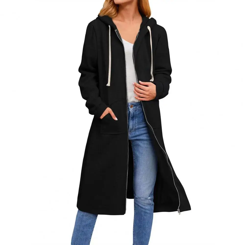 2023 Autumn Winter Women Solid Color Coat Zip Up Outerwears Hooded Jacket Long Hoodies Sweatshirt Pockets Casual Outwear Tops