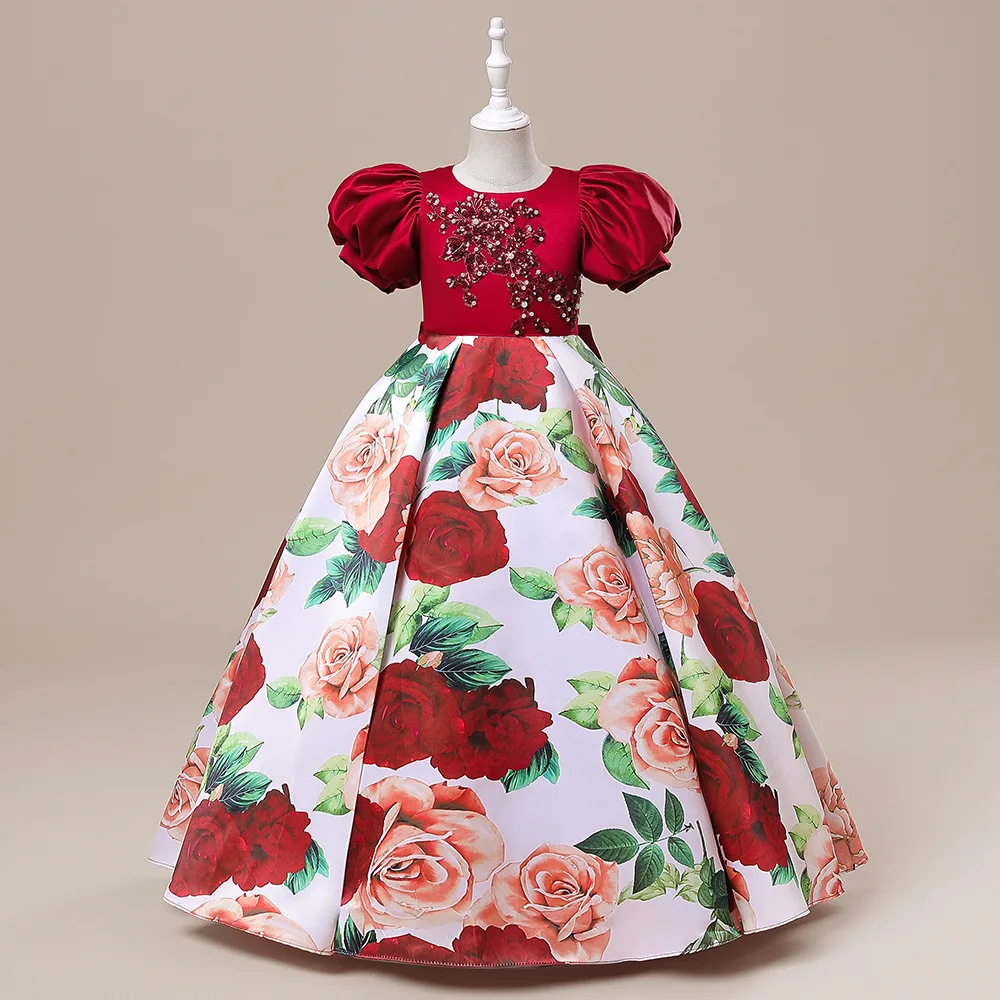 Girls Party Dress 120cm-170cm Elegant Satin Piano Dresses Princess Cosplay Puff Sleeve Ball Gown Photograph Costumes