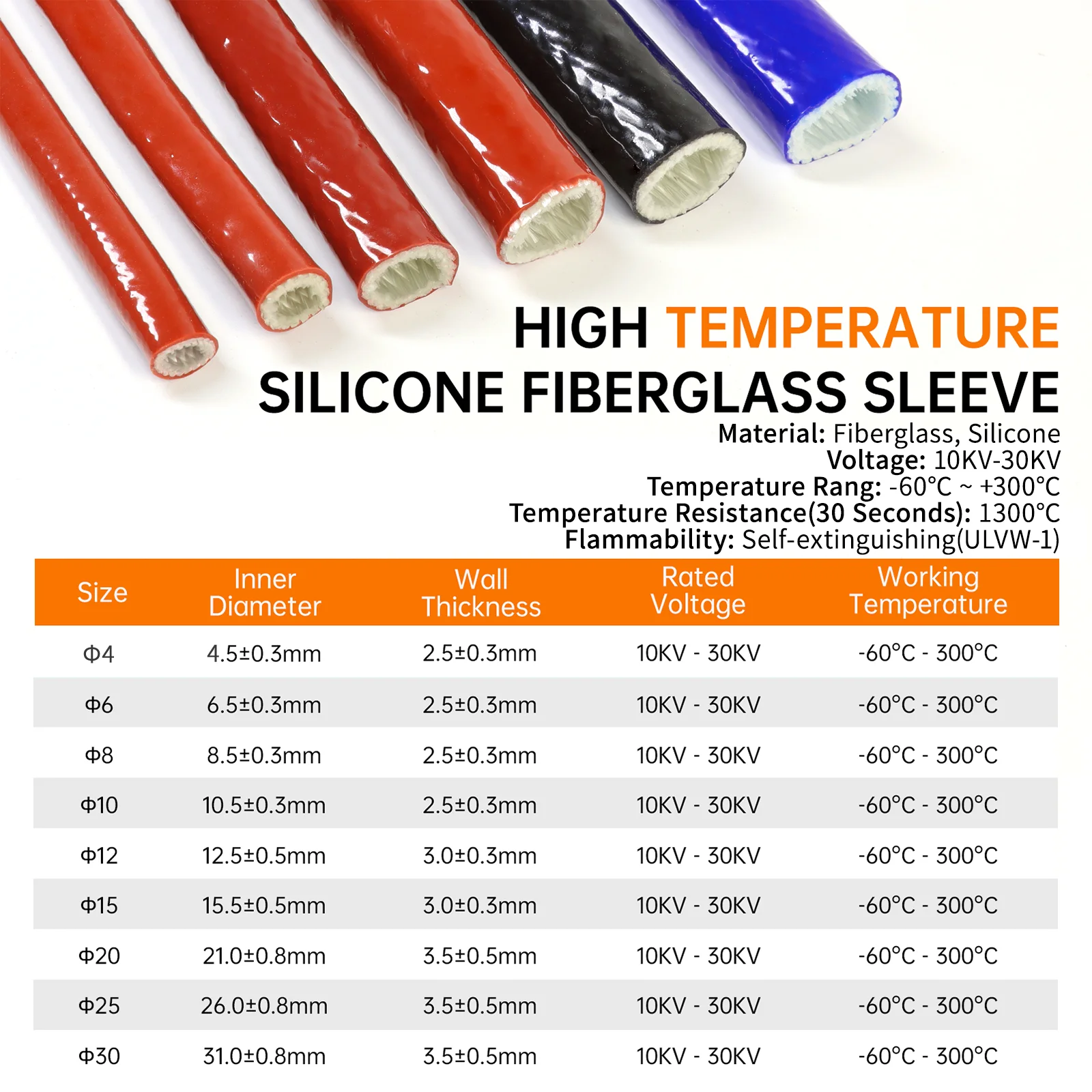Silicone Fiberglass Cable Sleeve ID 4-30mm 1/3m High Temperature Flame Retardant Fireproof Heat Insulation Wire Protection Tube