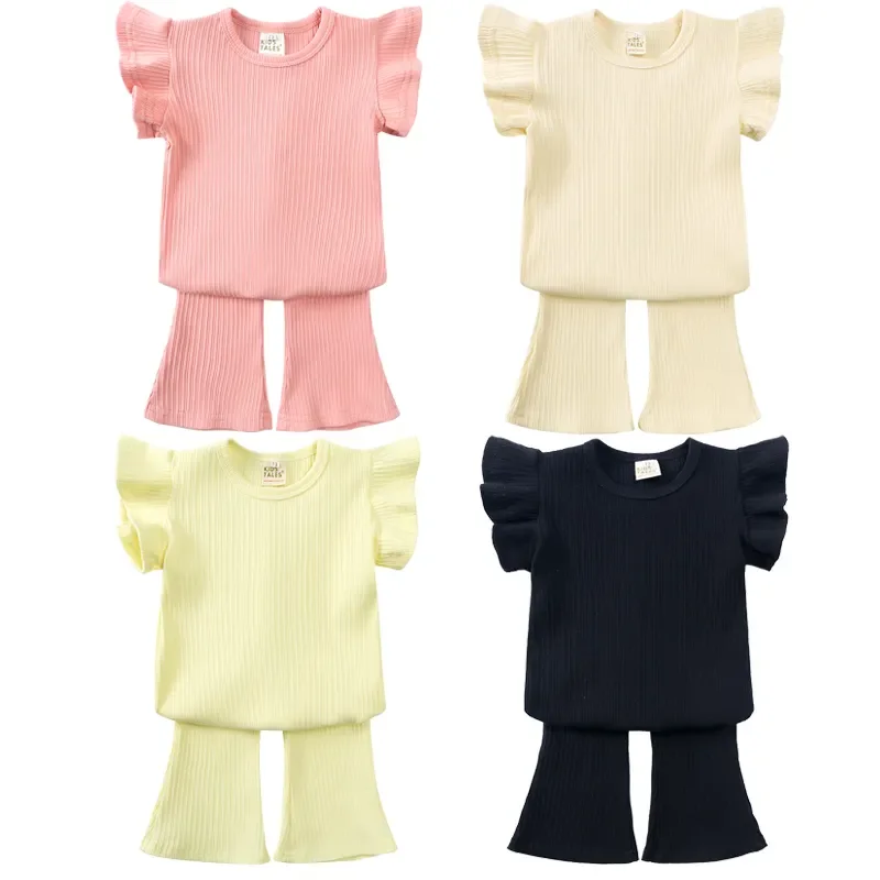 

Korean Style Summer Kids Bell Bottoms Cool Pleated Tops Casual Set Little Girl's Suit with Flying Sleeves Fashion Toddler Sets