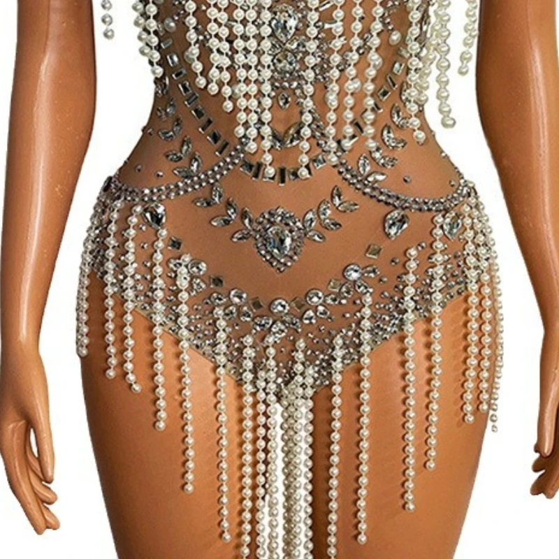 Pérola borla diamante desempenho terno maiô de luxo sexy malha elástica sem mangas sexy vestidos de cor sólida para mulher 2025 rsi