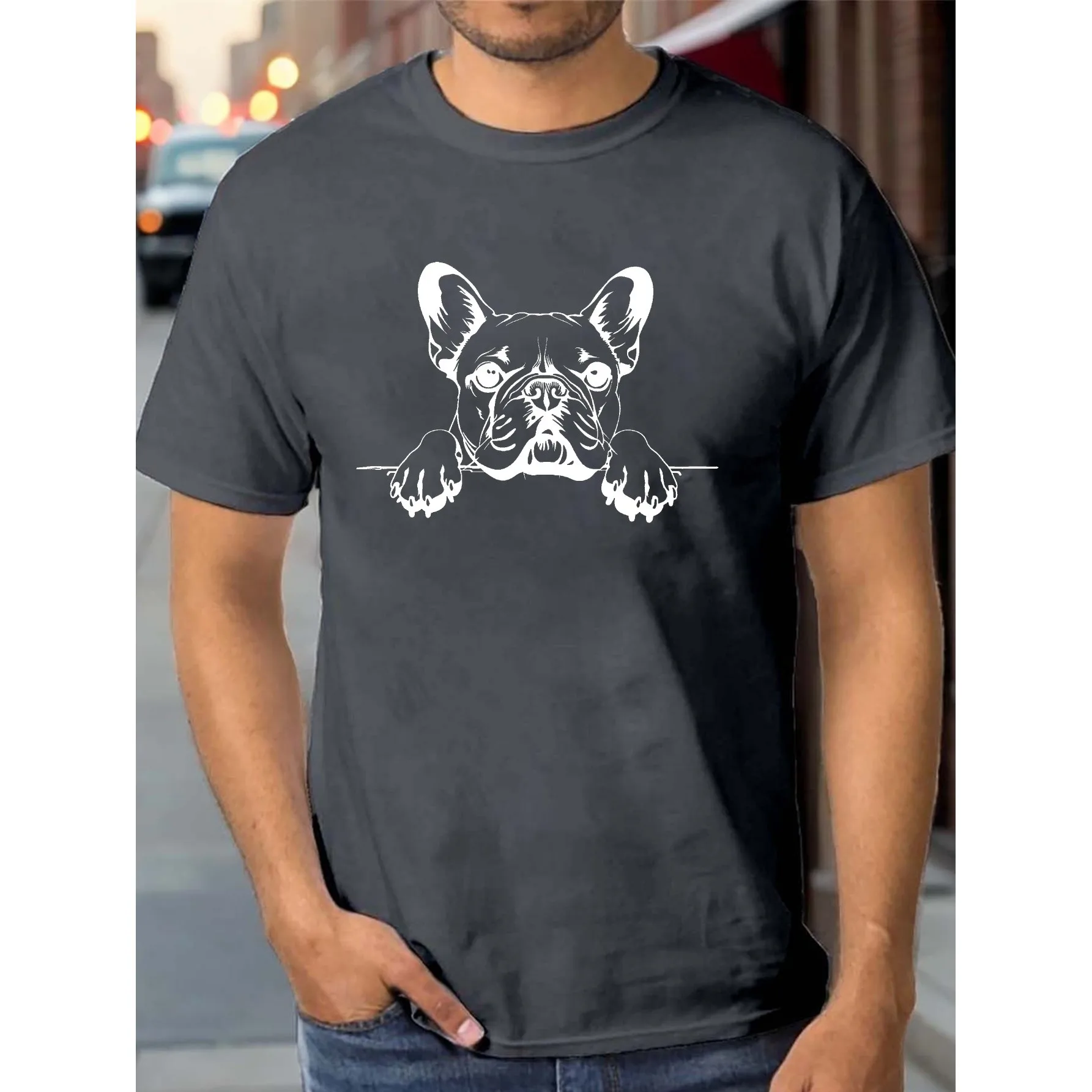 French Bulldog Peeking Graphic Tee Breathable Cotton Short Sleeve T-Shirt Casual Daily Wear for Men