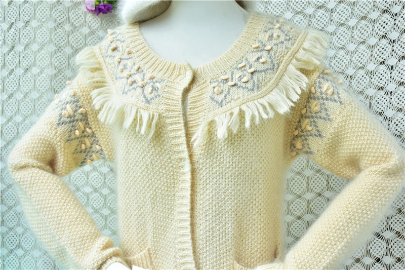 Ladies Women Autumn Winter Hairy Soft Mohair Wool Crochet Flower Tassel Collar Long Sleeves Slim Cardigans Sweater Jacket Pull