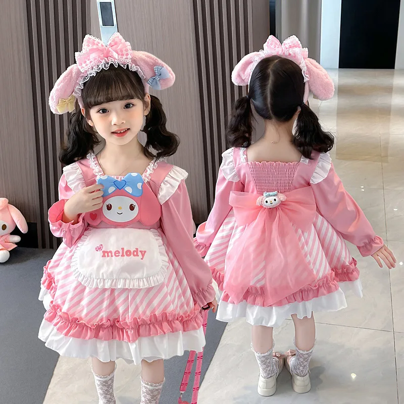 ! 2024 New Pink Melody Kuromi Dress Girls Fashion Children Cute Go Out Autumn Cosplay Dress Girls Spring Autumn Dress Girls