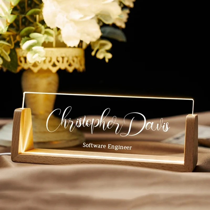 Personalized Name Plate With LED Wood Base Custom 3D Lamp Nameplate Leader Teacher Desk  Acrylic Name Sign Personalized Gifts