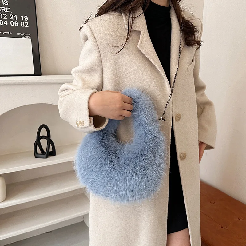 Fluffy Plush Women Handbags Luxury Round Faux Fur Chains Shoulder Crossbody Bags Warm Winter Hobo Female Bag Small Tote Purses