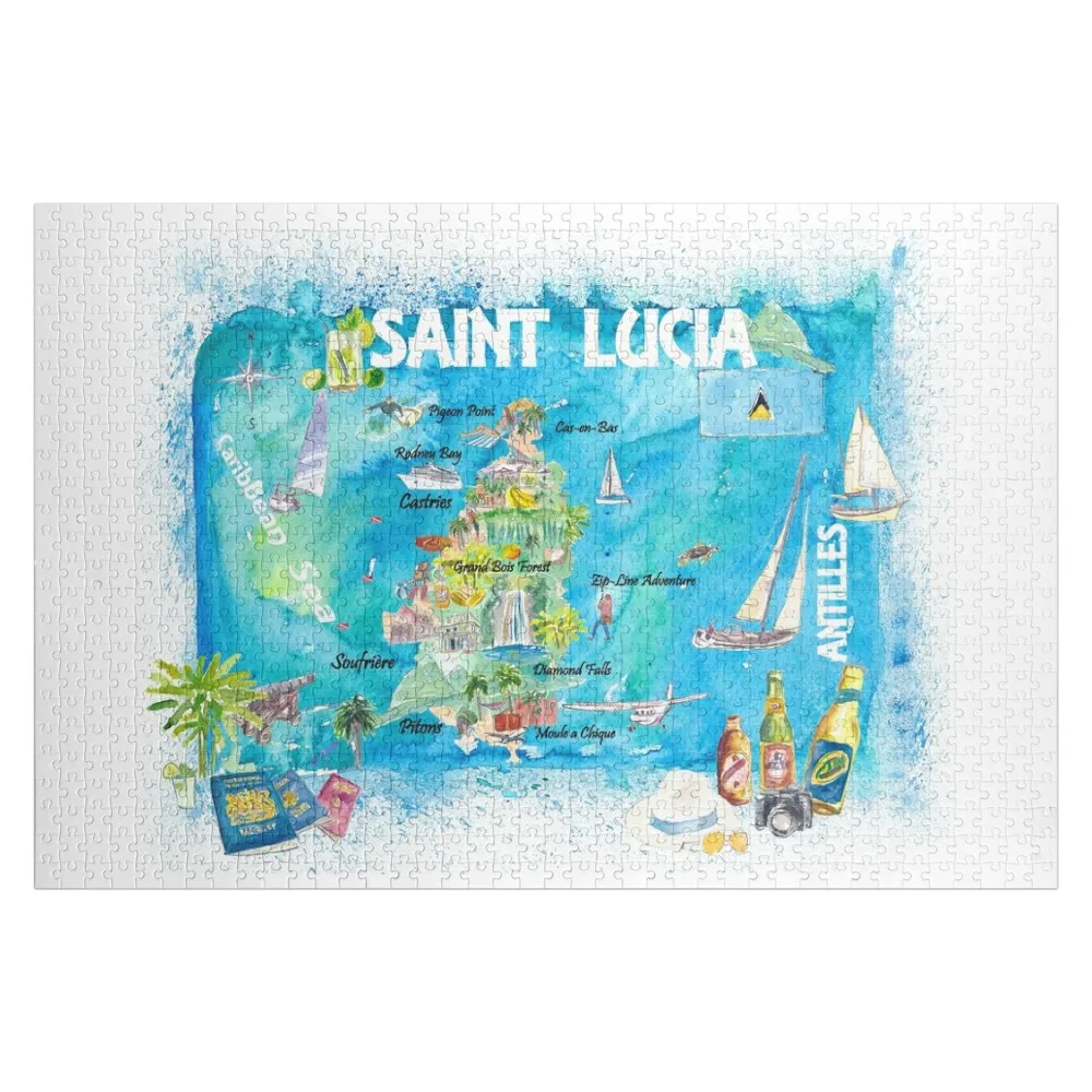 St Lucia Antilles Illustrated Caribbean Travel Map with Highlights of West Indies Island Dream Jigsaw Puzzle Custom Child Puzzle