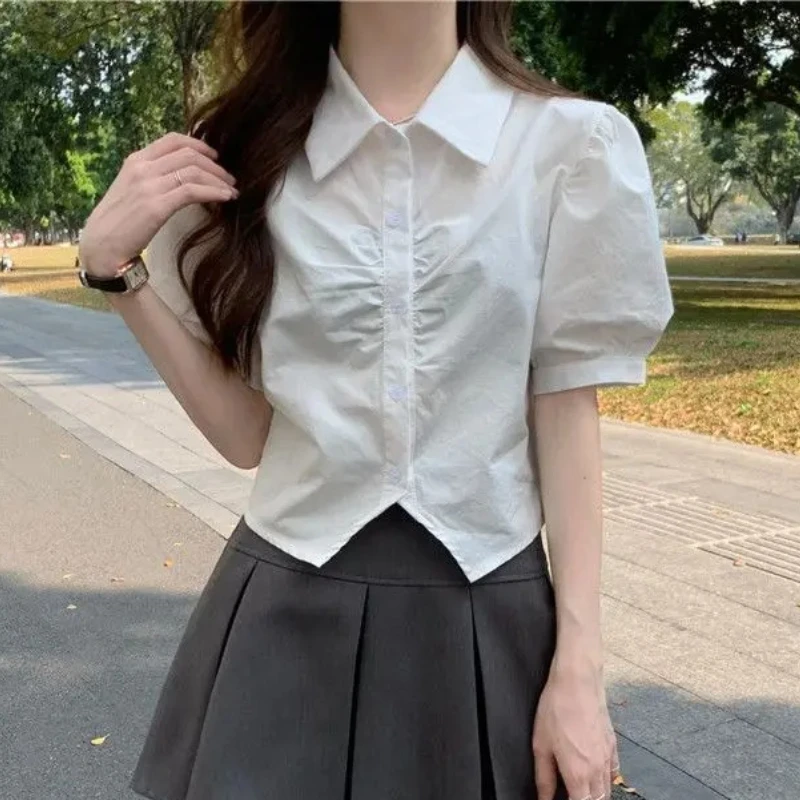 

Shirts Women Kawaii Slim Fashion Korean Girl Summer Preppy Style Puff Sleeve Blusas Female Aesthetic Sweet Streetwear Crops Chic