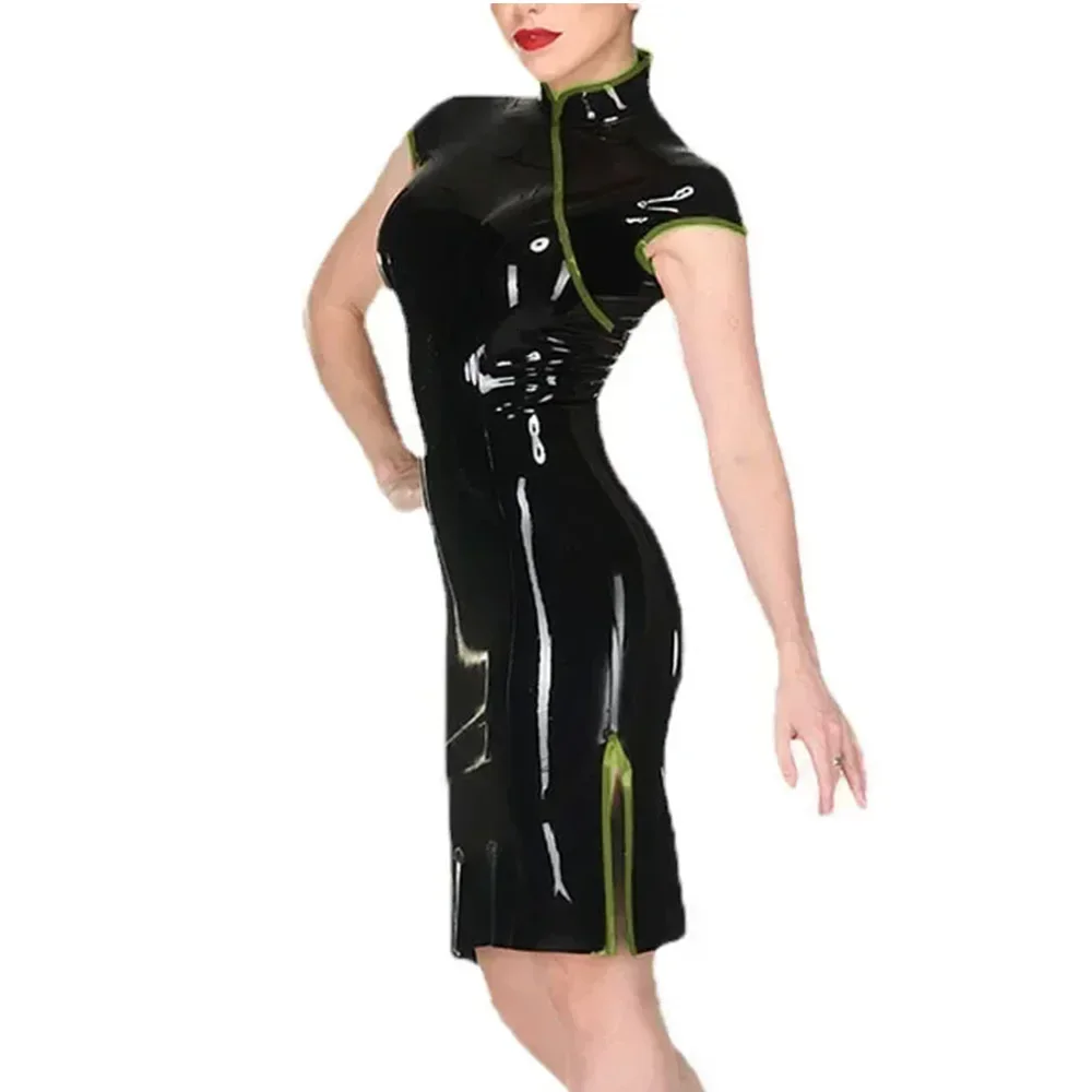 Plus Size Mock Collar Short Sleeve Cheongsam Style Black Women Dress Shiny PVC Leather Side Split Elegant  Evening Cocktail Gown