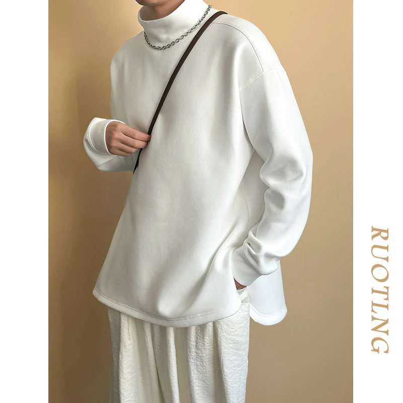 Men Half High Neck Solid Long Sleeve T-Shirt Plus Size Split Hem Autumn Winter Inner Top Hong Kong Style Casual Fashion Tee