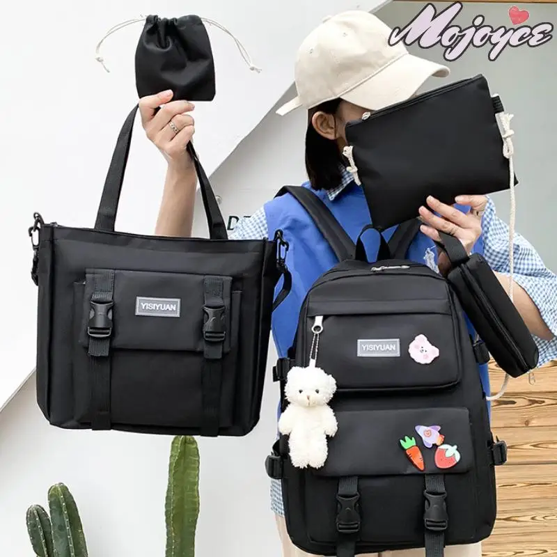 

5 PCS Set Backpack Large Capacity Schoolbag Shoulder Bag Pencil Case Set Book Laptop Bag Cute Simple Knapsack with Badge Pendant