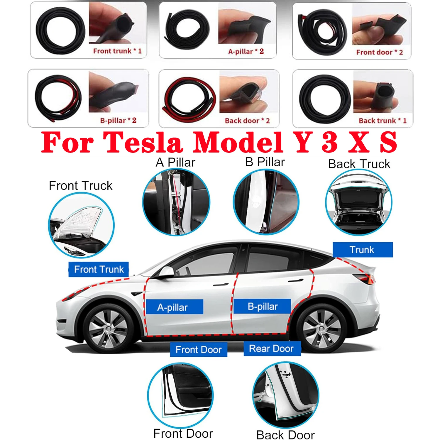 

For Tesla Model Y X S 3 Highland 2024-2017 Door Seal Soundproof Kit Rubber Weather Strip Wind Noise Reduction Kit Trunk Cover