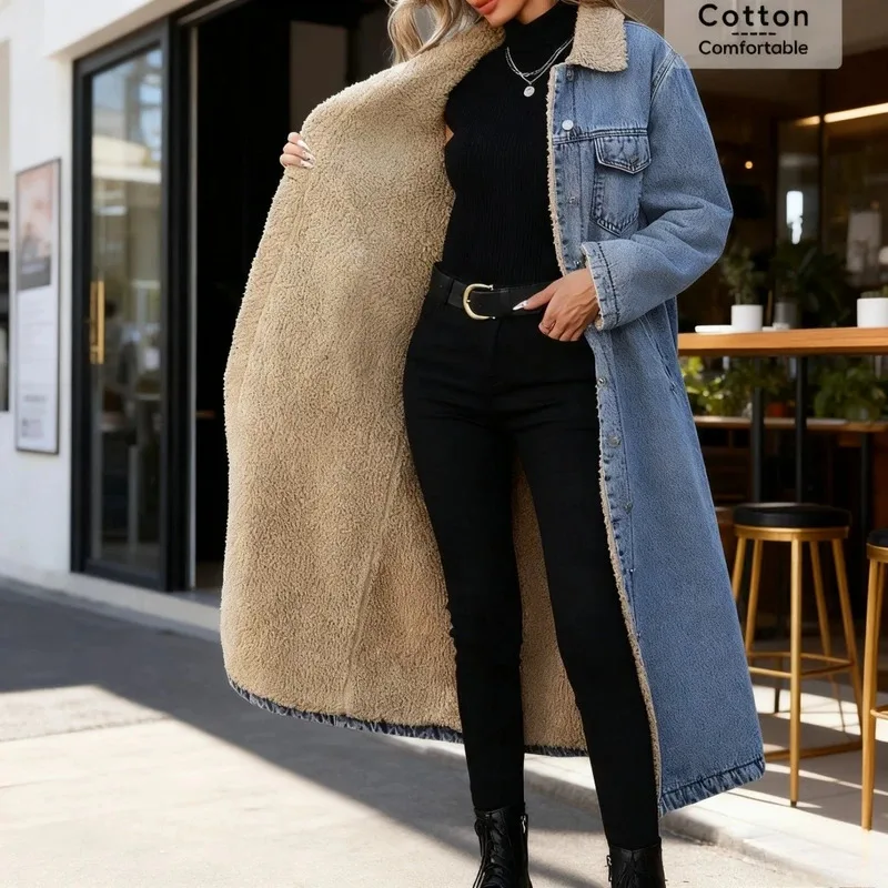 

Winter Women Denim Mid Length Coats Jackets Elegant Turn Down Collar Coat Thick Denim Streetwear Jacket Ladies Outerwear Coat