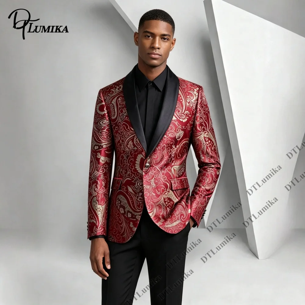 Men Burgundy Paisley Jacquard Tuxedo Suit 2 Piece Satin Shawl Lapel Black Trousers Luxury Formal Suit Prom Party Gentleman Wear