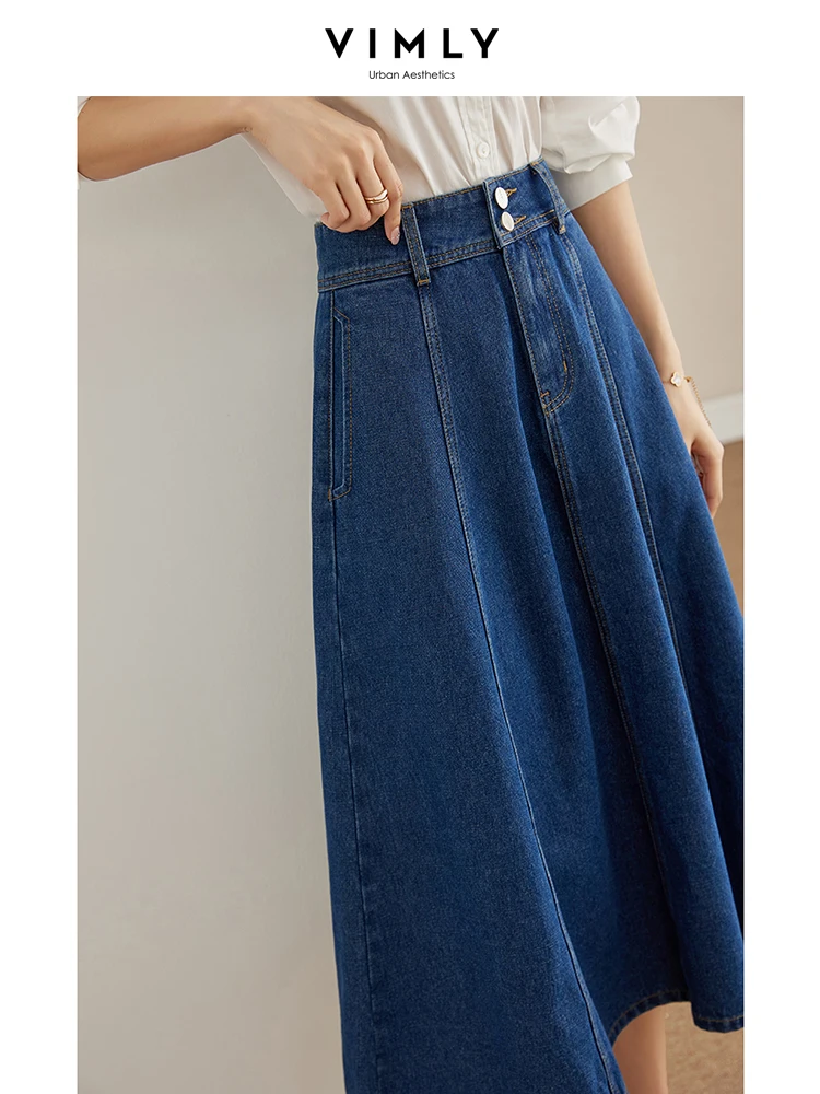 Vimly Jean Regenschirm Rock 2023 Frühjahr Neue Hohe Taille Koreanischen Stil Vintage Blau Chic und Elegante Frau Denim Röcke 70673