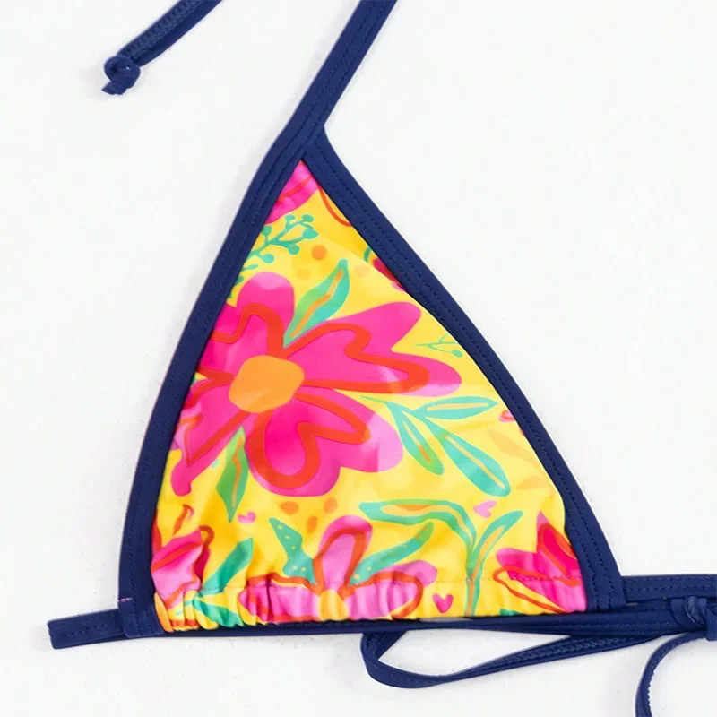 Conjunto de Bikinis con cuello Halter y estampado de flores amarillas, traje de baño Sexy con Tanga de dos piezas, traje de baño, trajes de playa