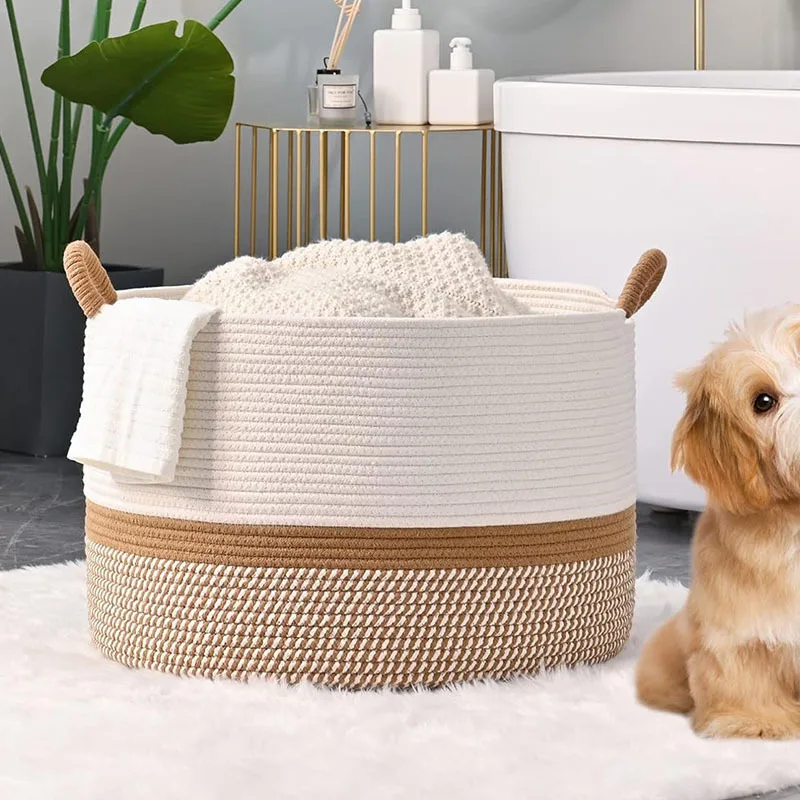 

Большая корзина для хранения, плетеная корзина для белья белого и хаки цвета, корзина из хлопкового каната для одежды, игрушек, одеял для гостиной, реальное фото