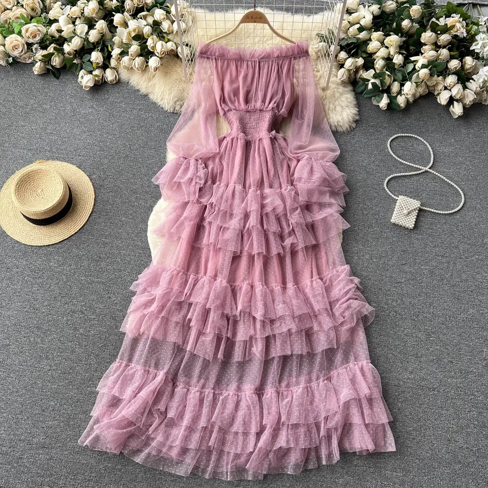 Off The Shoulder Tierred Elastic Sundress Polka Dot Lace Maxi Dress High Street Fashion Cake Mesh Party Dress Women