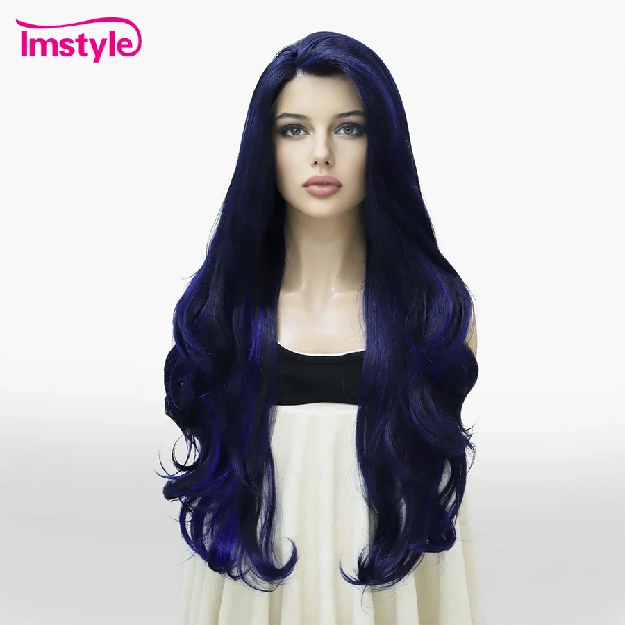 Imstyle Synthetic Lace Front Wig Blue Black Mixed Long Wig Natural Wavy Wigs For Women Heat Resistant Fiber Cosplay Wig