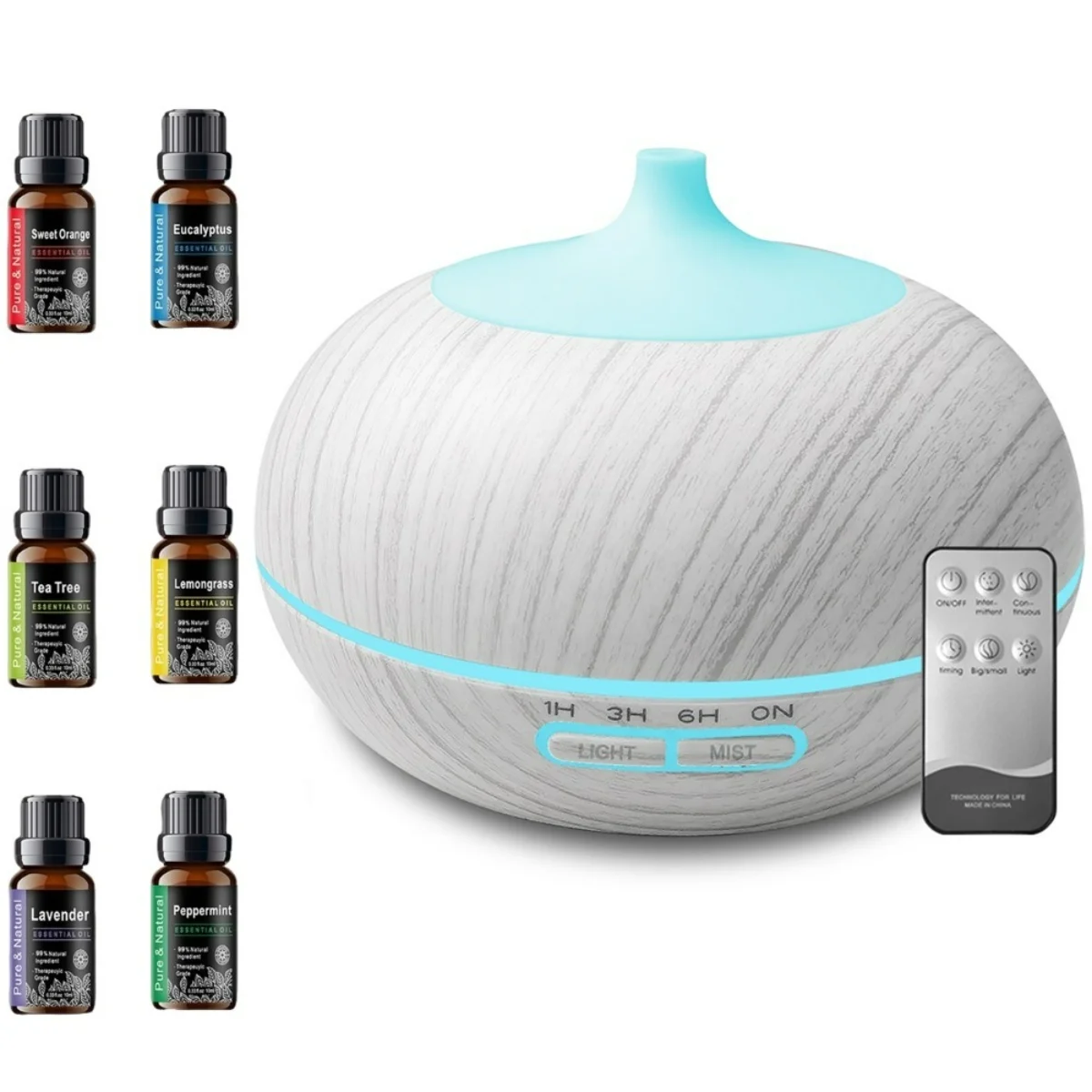 

Premium 550ml Wood Grain Essential Oil Diffuser Remote Control 7 Color LED, Ultrasonic Humidifier 6 Essential Oils Included (