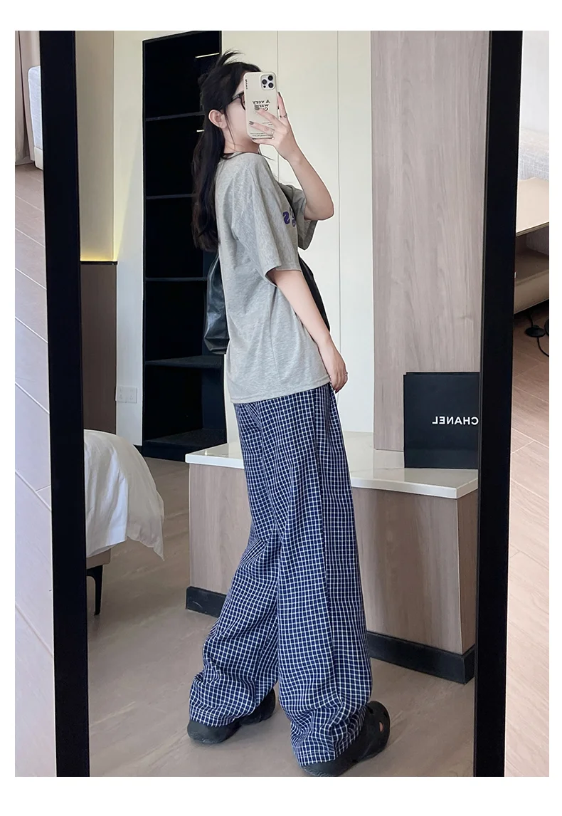 2025 New Summer High Waist Casual Straight Leg Pants Checkered Wide Leg Pants Loose Lazy Style Home Blue Trousers