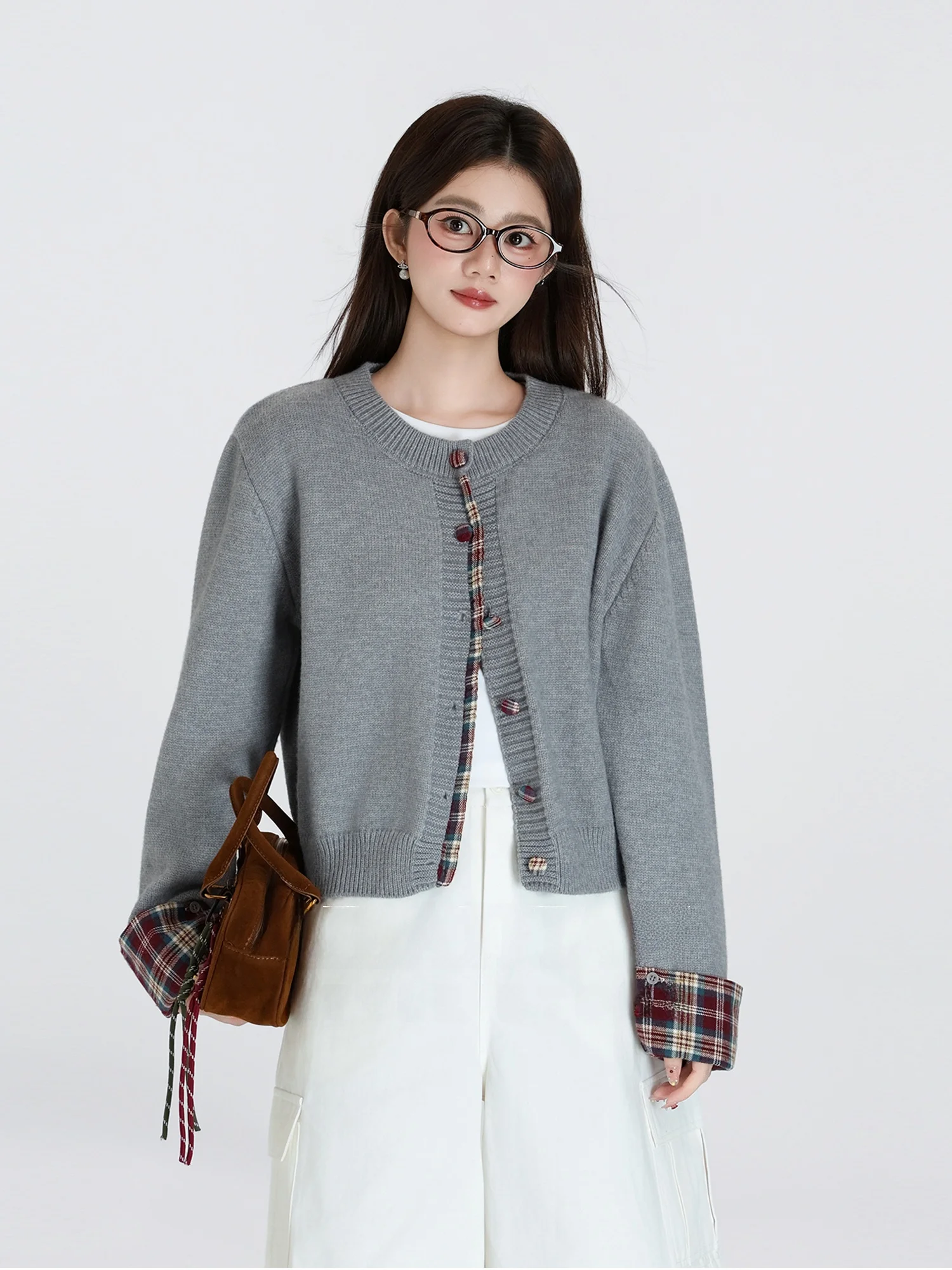 

Свободный вязаный свитер с круглым вырезом для женщин, осенне-зимний, новый дизайн, в стиле пэчворк, корейский стиль, имитация двухслойности