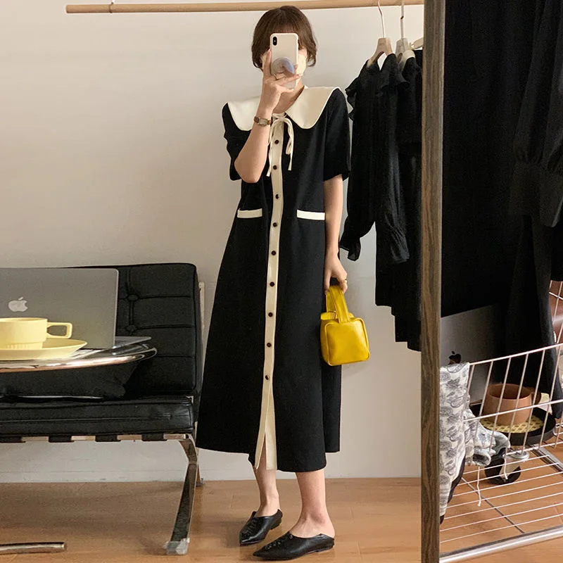 

plus Size 300 Pou Bla Doll Collar ort Sve Midi A-Line Dr Women Summer Casual Korean Sle Fro for plus Size