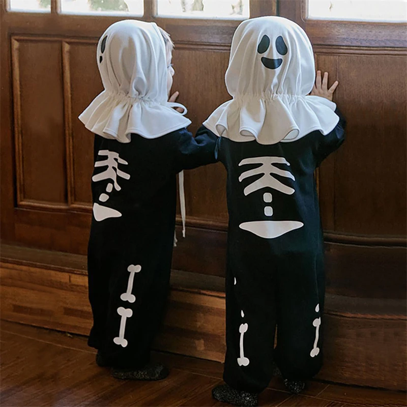 Skeleton Romper Baby 2pcs Sets Halloween Costumes Ghost Cloak White Hat Dual-use Kids Cosplay Outfit For Boys Girls Hallowmas