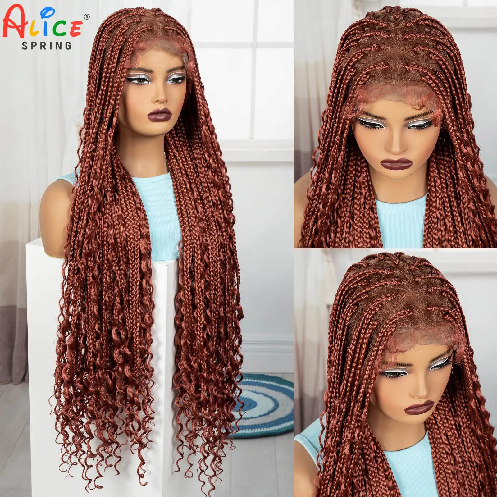 36Inch Long Knortless Box Braided Wigs 350# Ginger Orange Synthetic Full Lace Boho Braided Wig with Curly Ends for Black Women