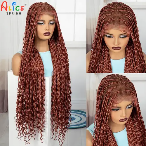 Imagen 2 del producto Pelucas trenzadas en caja sin nudos de 36 pulgadas de largo 350 #   Peluca trenzada boho de encaje completo sintético naranja jengibre con extremos rizados para mujeres negras