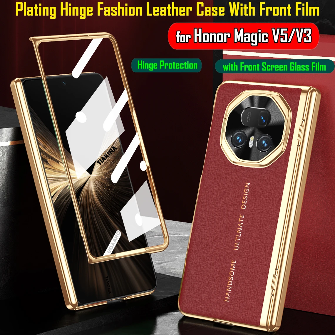 

Plating Hinge Protection Funda for Honor Magic V5 Case for Honor Magic V5 V3 Plating Leather Case with Front Screen Glass Film