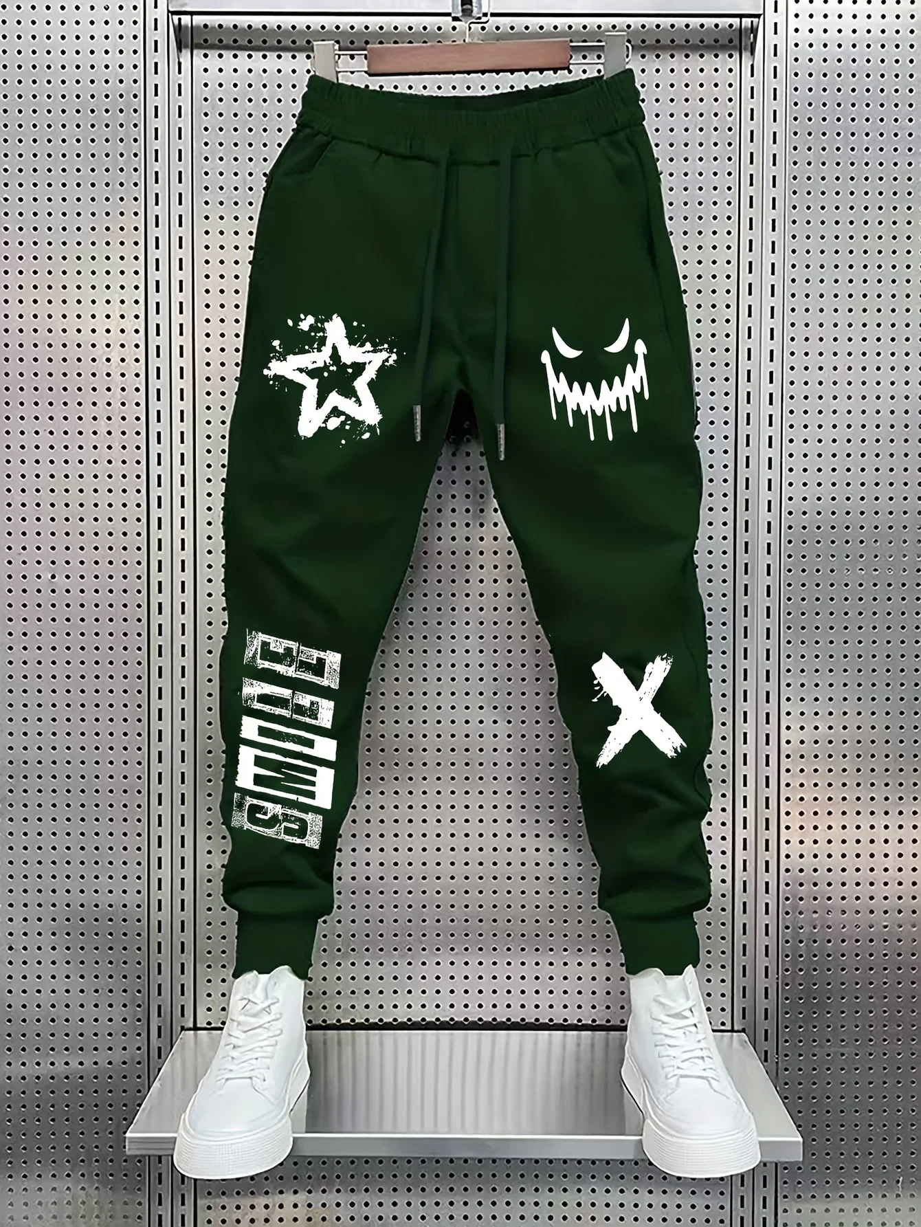 Street Splash Star Grin Graffiti Double Side Print Men Hip Hop Sports Joggers, Drawstring Waist Loose Cuffed Casual Sweatpants