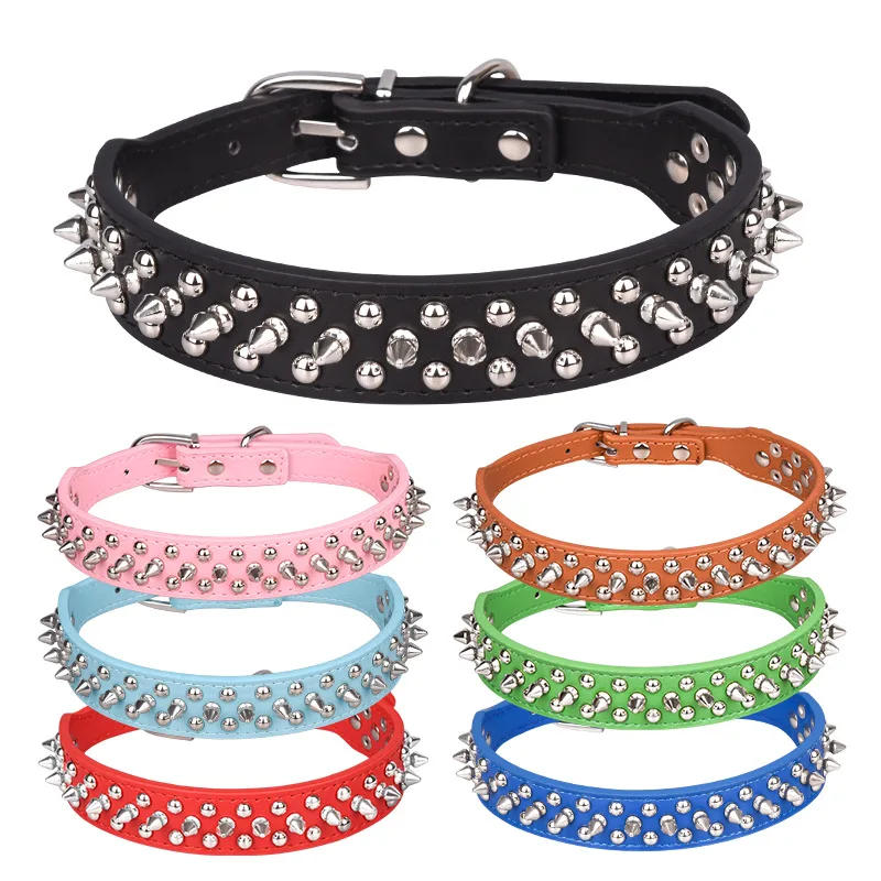 

Adjustable Leather Pet Dog collar Neck Strap Supplies PU Leather Punk Rivet Spiked Dog Collar Pet Collars For Small Dog Cat