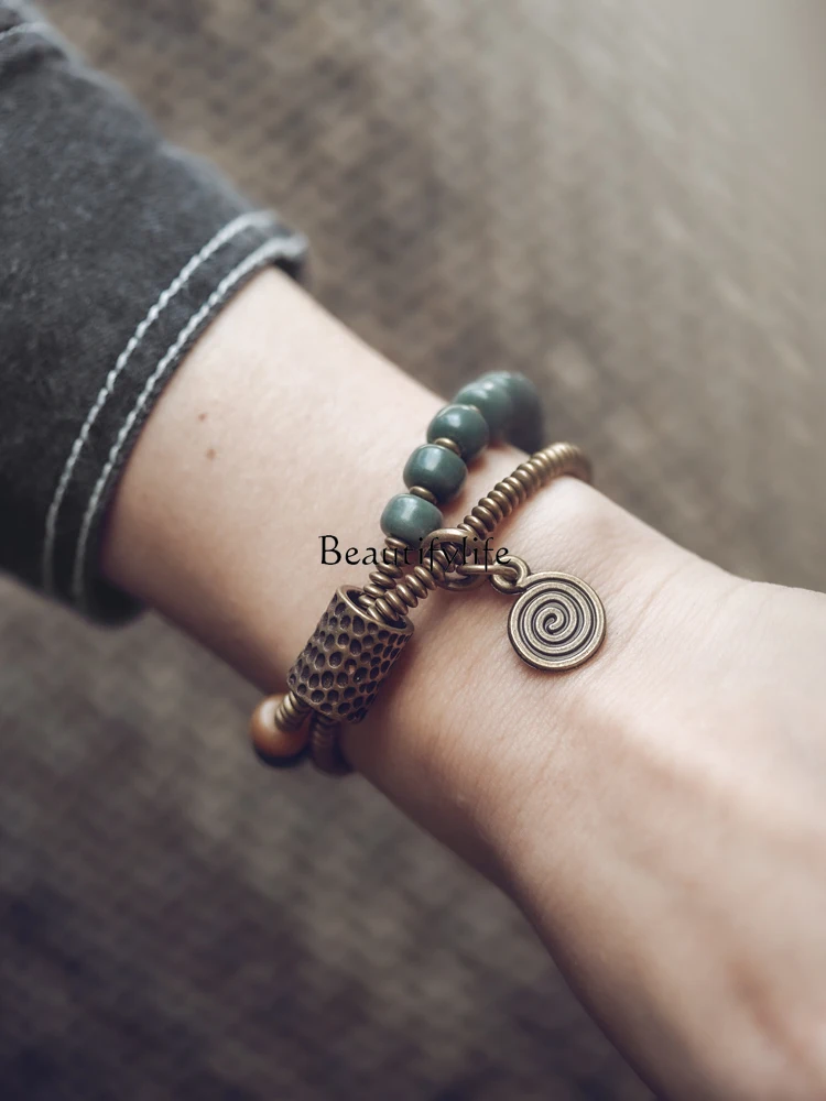 Bodhi Root Bracelet for Women, Retro Ethnic Style, Green Yin Leather, Double Layer, Personality Art