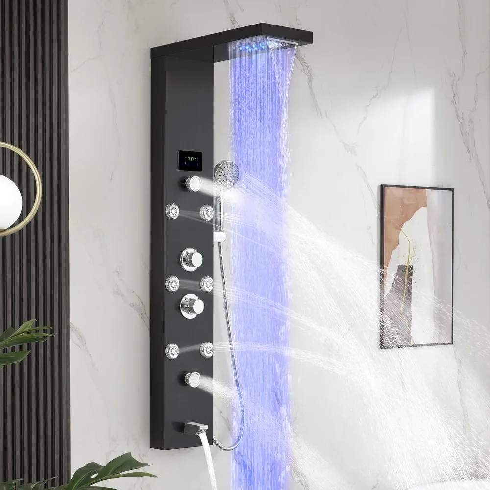 

Stainless Steel LED Shower Panel with 5-Function System and Rainfall Shower Head, featuring Temperature Display