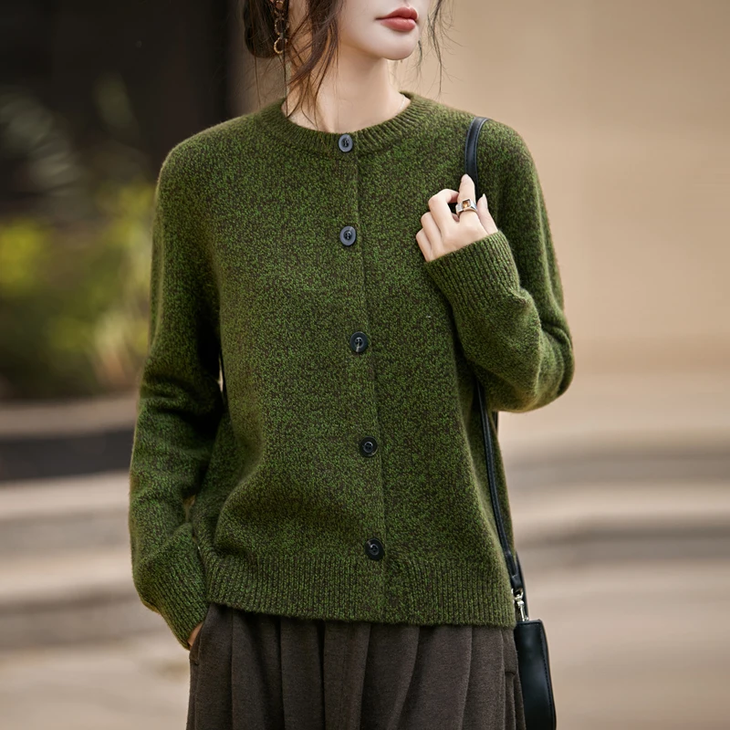 Массивный женский кардиган из 100% чистой шерсти |   Толстый зимний трикотаж с эффектом меланж и круглым вырезом