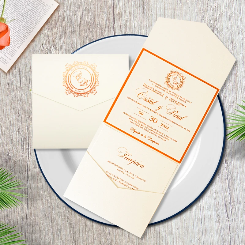 100 Pieces Ivory Tri-fold Pocket Wedding Invitation Card Personalize Print Engagement Marriage XV Invite Cards With RSVP IC164