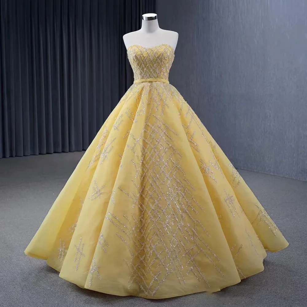 

Exquisite Sweetheart Strapless Prom Dress with Sequined Fashion Yellow A-Line Floor Length Party Gowns Graduation Evening Dress